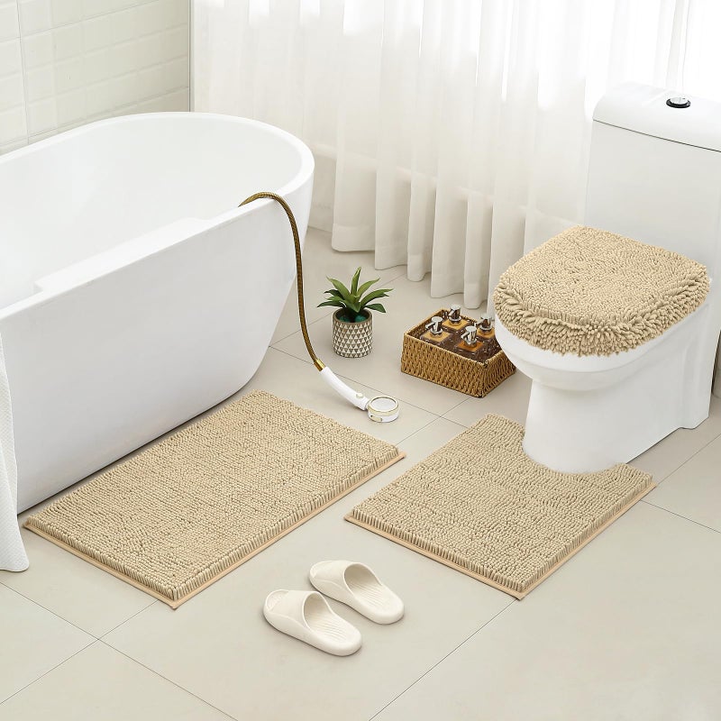 HOMEIDEAS 3 Pieces Beige Bathroom Rugs Set, Ultra Soft Non Slip Bath Rug and Absorbent Chenille Bath Mat, Includes U-Shaped Contour Rug, Bath Mat and Toilet Lid Cover, Perfect for Bathroom, Tub - Image 2